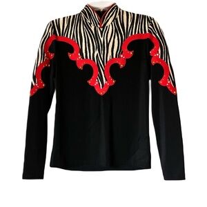 Vintage Hobby Horse Show Top, Red/Black/Zebra, Gold Accents, Rhinestones,Sz. L
